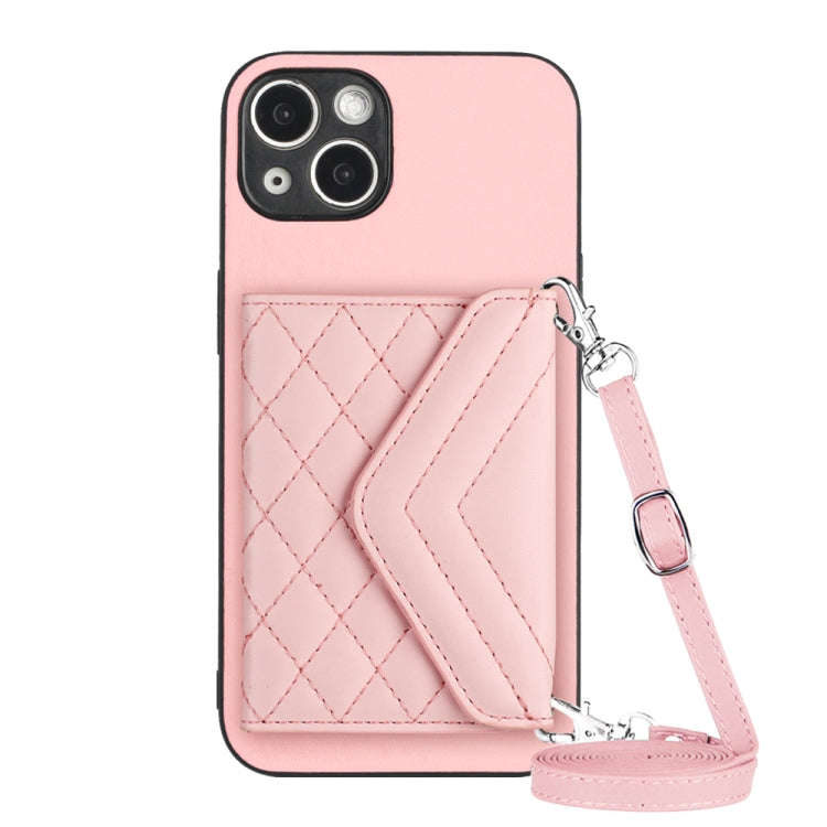 Rhombic Texture Card Bag RFID Phone Case with Long Lanyard, For iPhone 15 Pro Max, For iPhone 15 ...