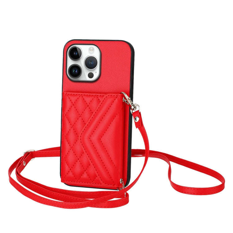 Rhombic Texture Card Bag RFID Phone Case with Long Lanyard, For iPhone 18 Pro / 17 Pro, For iPhon...