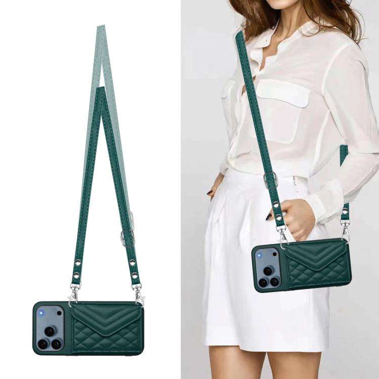 Rhombic Texture Card Bag RFID Phone Case with Long Lanyard, For iPhone 18 Pro / 17 Pro, For iPhon...