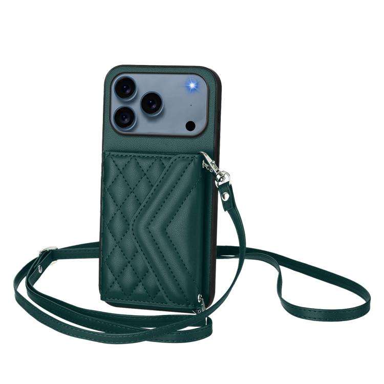 Rhombic Texture Card Bag RFID Phone Case with Long Lanyard, For iPhone 18 Pro / 17 Pro, For iPhon...