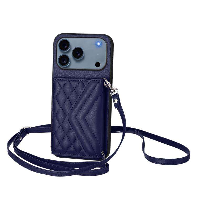 Rhombic Texture Card Bag RFID Phone Case with Long Lanyard, For iPhone 18 Pro / 17 Pro, For iPhon...