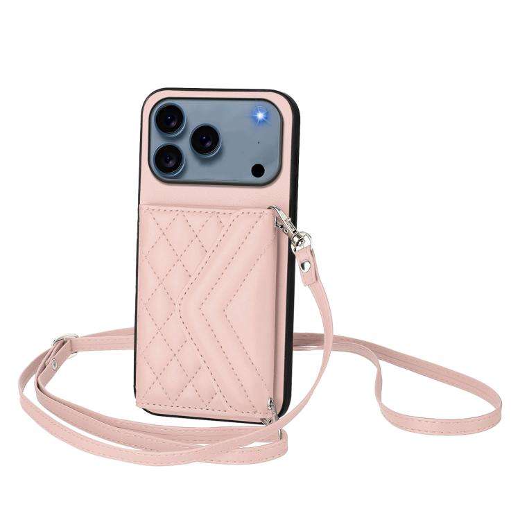 Rhombic Texture Card Bag RFID Phone Case with Long Lanyard, For iPhone 18 Pro / 17 Pro, For iPhon...