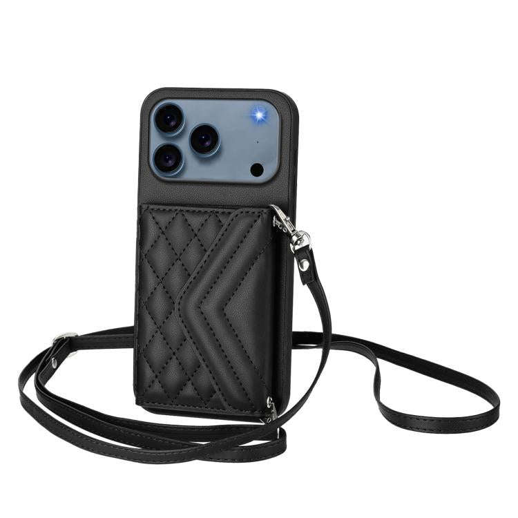 Rhombic Texture Card Bag RFID Phone Case with Long Lanyard, For iPhone 18 Pro / 17 Pro, For iPhon...