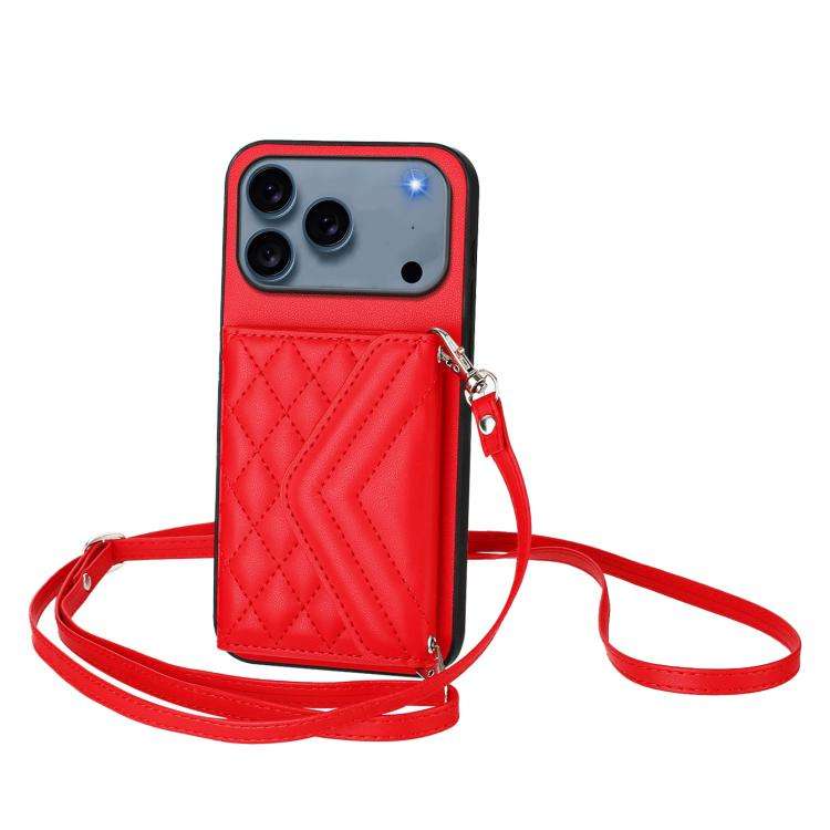 Rhombic Texture Card Bag RFID Phone Case with Long Lanyard, For iPhone 18 Pro / 17 Pro, For iPhon...