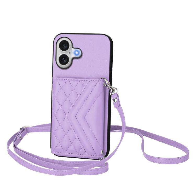 Rhombic Texture Card Bag RFID Phone Case with Long Lanyard, For iPhone 18 Pro / 17 Pro, For iPhon...