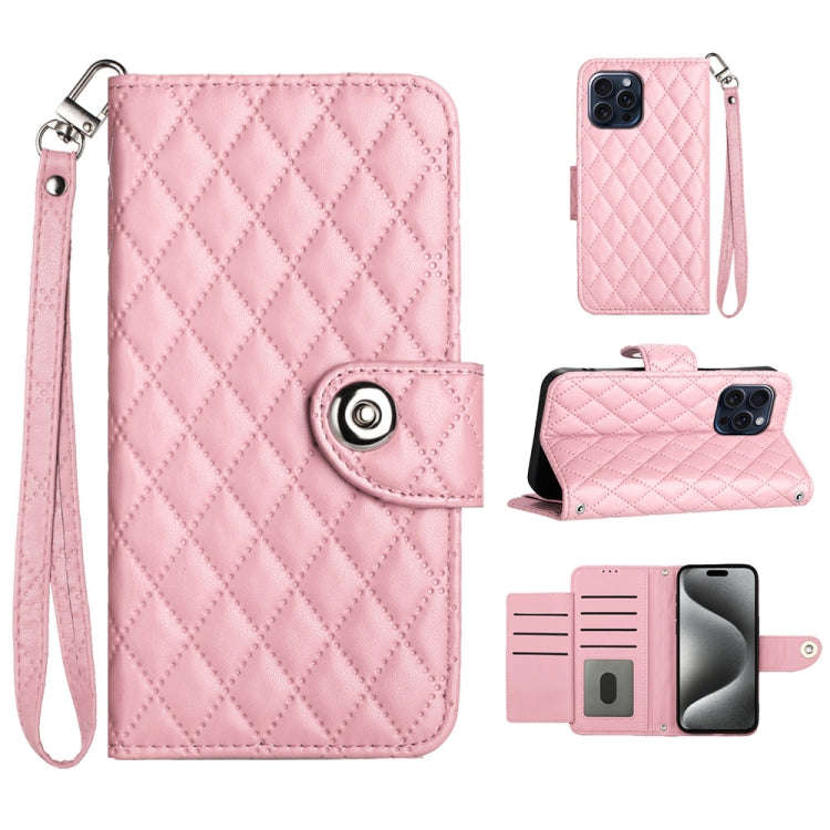 Rhombic Texture Flip Leather Phone Case with Lanyard, For iPhone 14 Pro Max, For iPhone SE 2022 /...