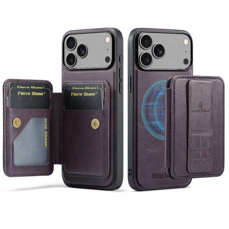 Fierre Shann Oil Wax Cow Leather Card Holder Back Phone Case, For iPhone 17e / 16e, For iPhone 17...