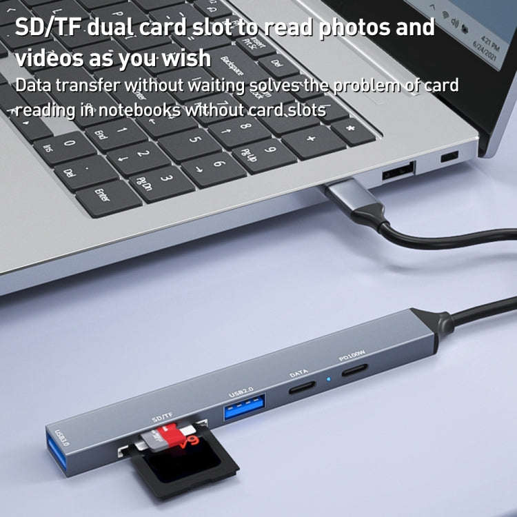ADS-807 PD100 6 in 1 Type-C to PD100W + USB3.0 + USB2.0 + SD/TF HUB Docking Station, ADS-807