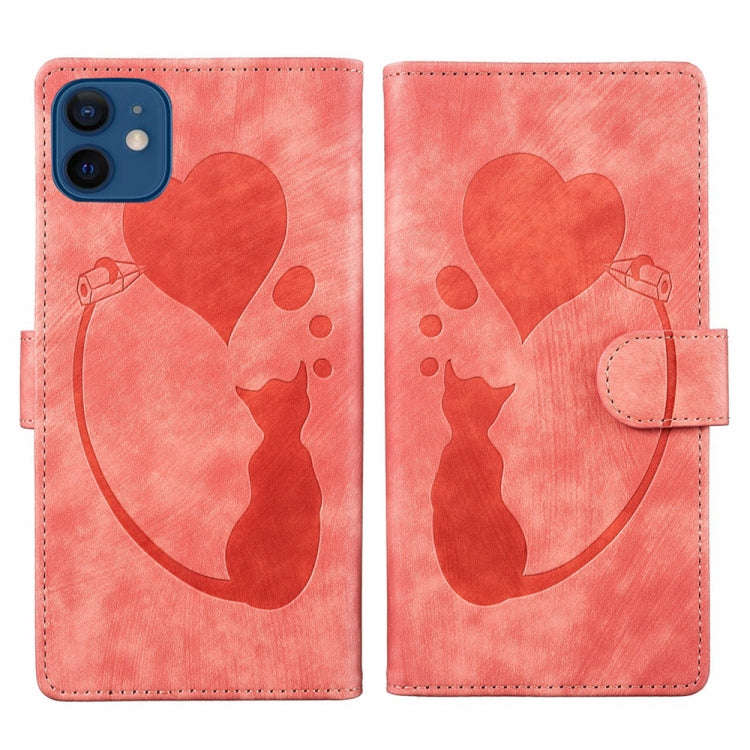 Pen Heart Cat Embossed Leather Phone Case, For iPhone 13 mini, For iPhone 12, For iPhone 12 Pro M...