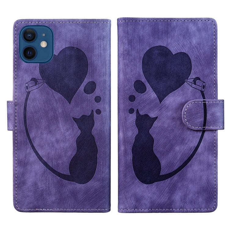Pen Heart Cat Embossed Leather Phone Case, For iPhone 13 mini, For iPhone 12, For iPhone 12 Pro M...