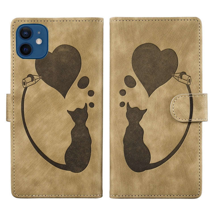 Pen Heart Cat Embossed Leather Phone Case, For iPhone 13 mini, For iPhone 12, For iPhone 12 Pro M...
