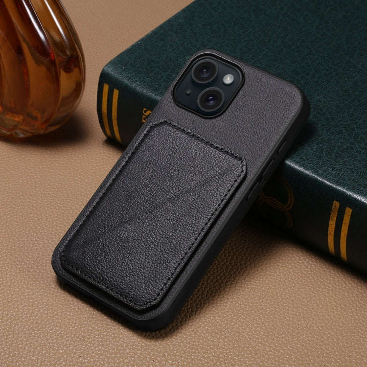 D04 Calf Texture Dual Card Slot Holder Phone Case, For iPhone 15, For iPhone 14 Plus, For iPhone ...