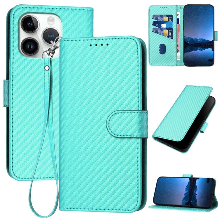 YX0070 Carbon Fiber Buckle Leather Phone Case with Lanyard, For iPhone 16 Pro, For iPhone 16 Plus...