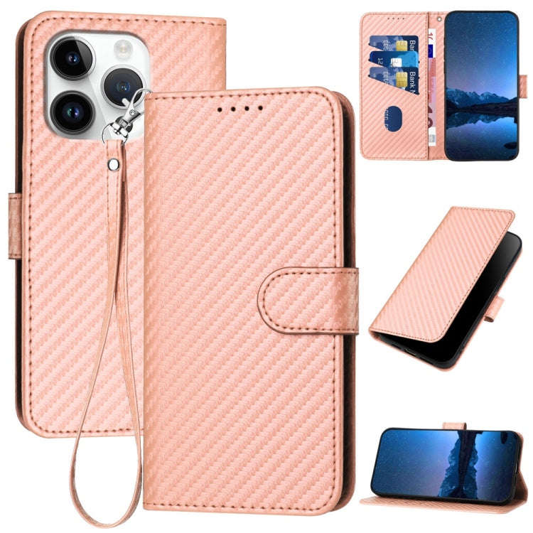 YX0070 Carbon Fiber Buckle Leather Phone Case with Lanyard, For iPhone 16 Pro, For iPhone 16 Plus...