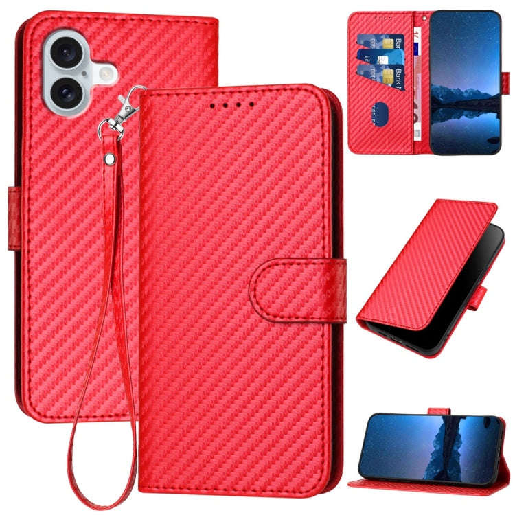 YX0070 Carbon Fiber Buckle Leather Phone Case with Lanyard, For iPhone 16 Pro, For iPhone 16 Plus...