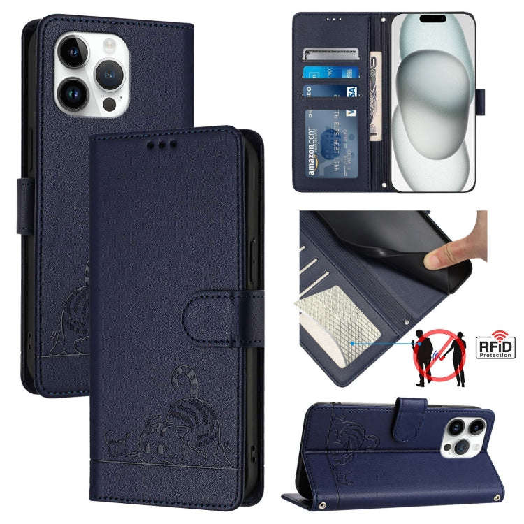 Cat Rat Embossed Pattern RFID Leather Phone Case with Lanyard, For iPhone 17 Pro Max, For iPhone ...