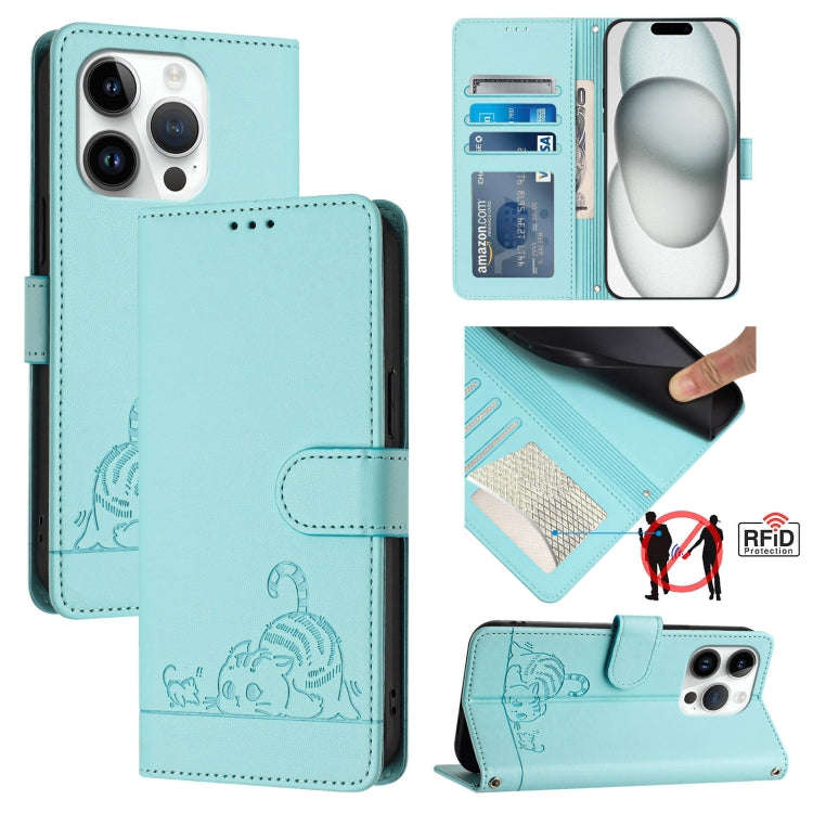 Cat Rat Embossed Pattern RFID Leather Phone Case with Lanyard, For iPhone 17 Pro Max, For iPhone ...