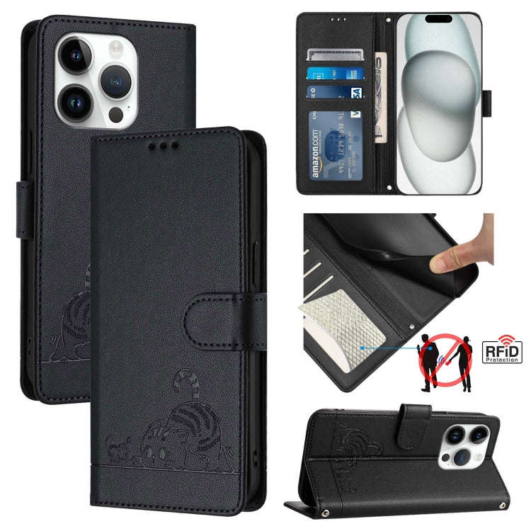 Cat Rat Embossed Pattern RFID Leather Phone Case with Lanyard, For iPhone 17 Pro Max, For iPhone ...