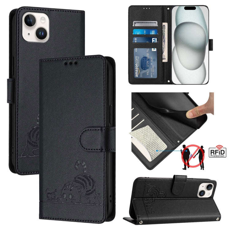 Cat Rat Embossed Pattern RFID Leather Phone Case with Lanyard, For iPhone 17 Pro Max, For iPhone ...