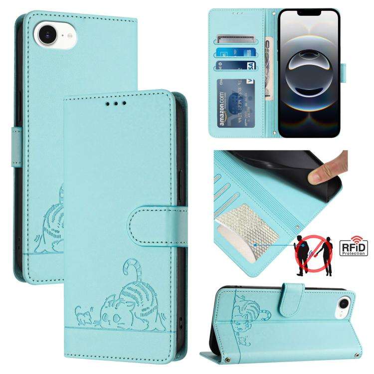 Cat Rat Embossed Pattern RFID Leather Phone Case with Lanyard, For iPhone 17 Pro Max, For iPhone ...