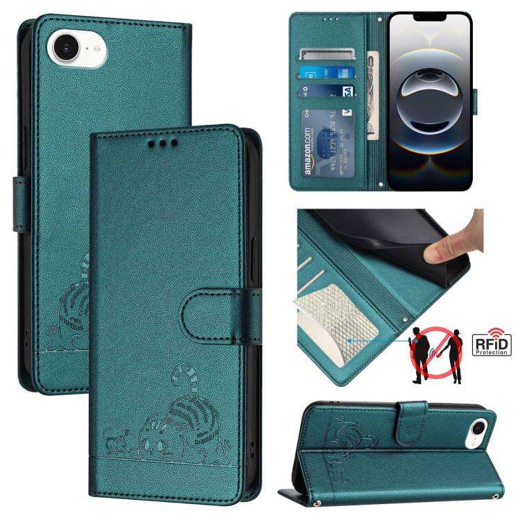 Cat Rat Embossed Pattern RFID Leather Phone Case with Lanyard, For iPhone 17 Pro Max, For iPhone ...
