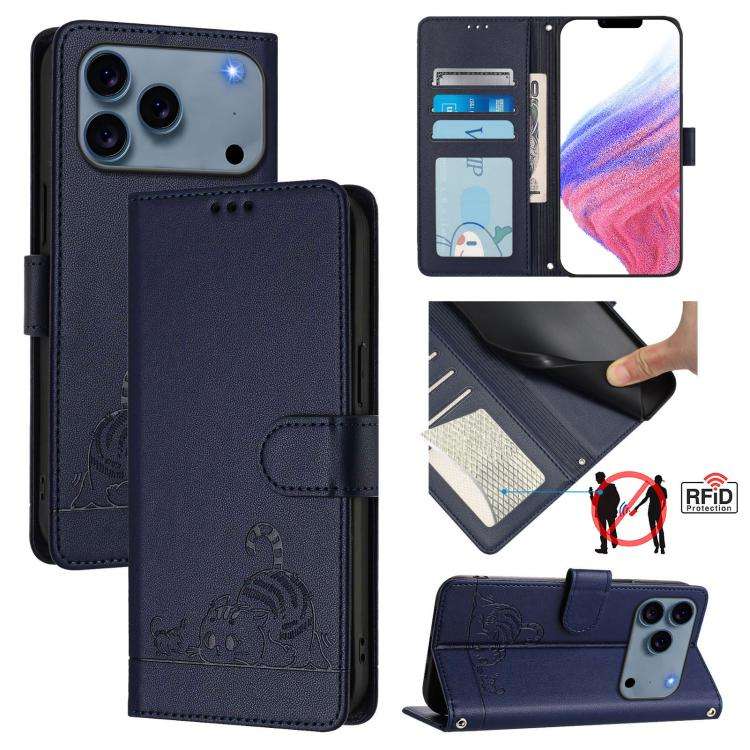Cat Rat Embossed Pattern RFID Leather Phone Case with Lanyard, For iPhone 17 Pro Max, For iPhone ...