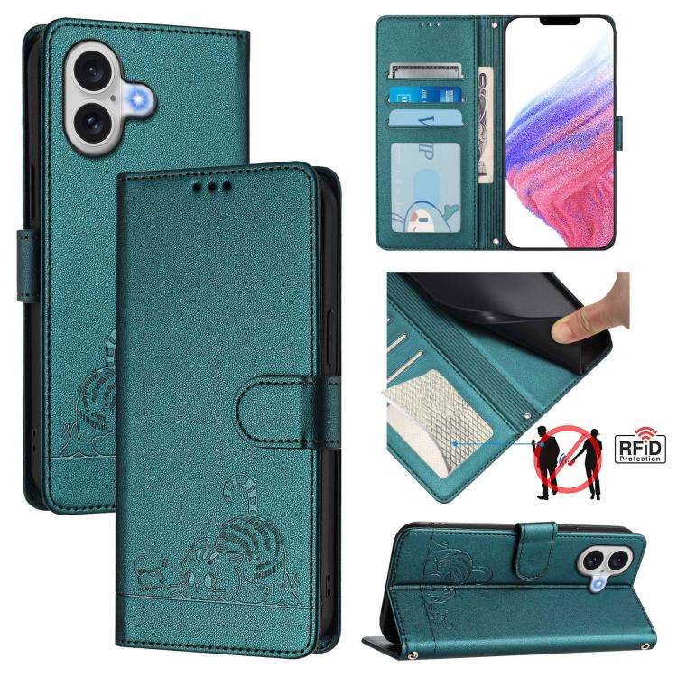 Cat Rat Embossed Pattern RFID Leather Phone Case with Lanyard, For iPhone 17 Pro Max, For iPhone ...