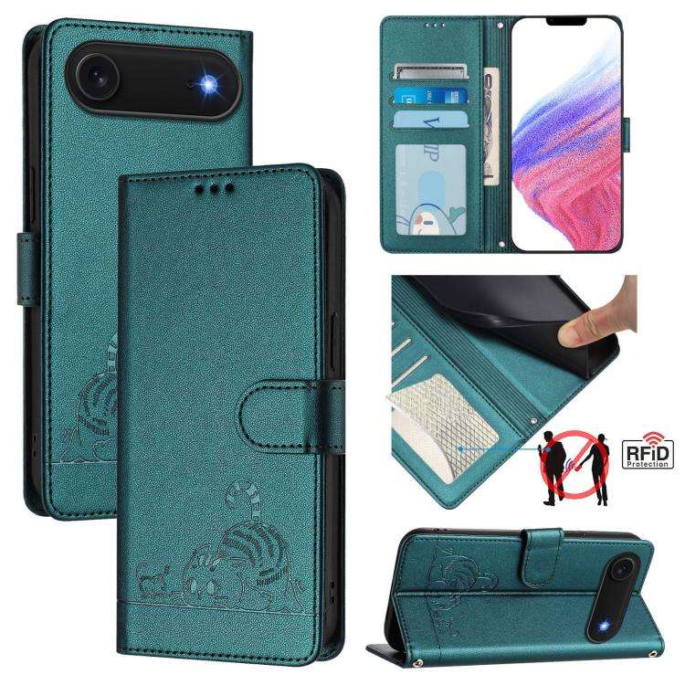 Cat Rat Embossed Pattern RFID Leather Phone Case with Lanyard, For iPhone 17 Pro Max, For iPhone ...