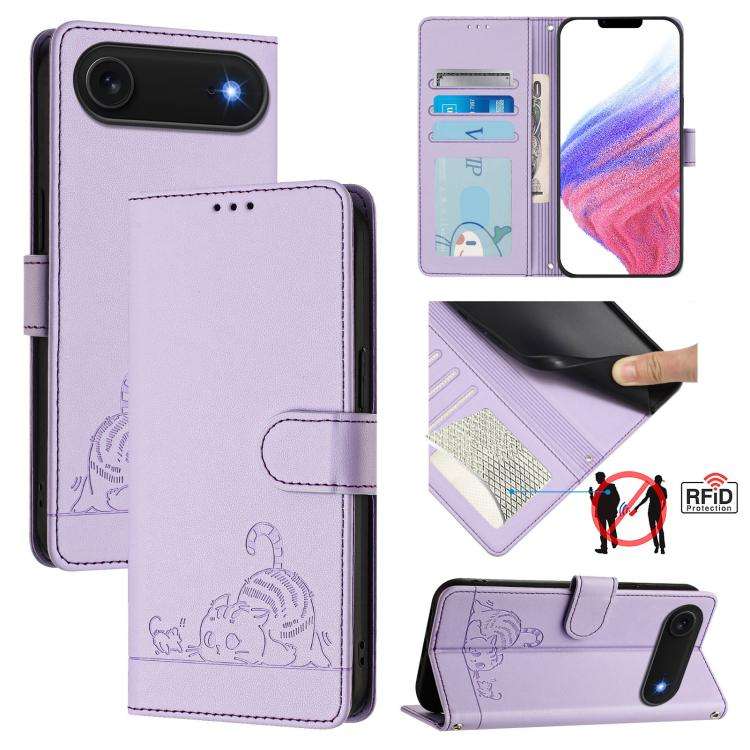 Cat Rat Embossed Pattern RFID Leather Phone Case with Lanyard, For iPhone 17 Pro Max, For iPhone ...