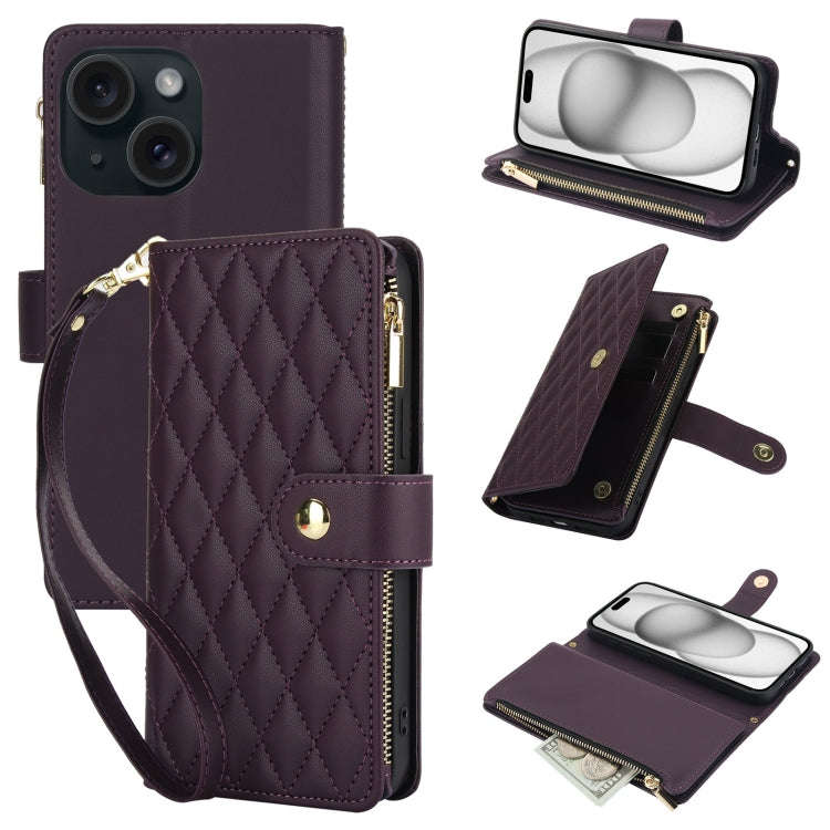 YM016 Rhombic Zipper Card Wallet Leather Phone Case with Lanyard, For iPhone 15, For iPhone 14 Pl...