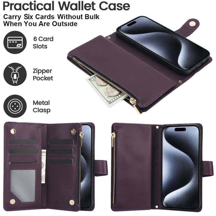 YM016 Rhombic Zipper Card Wallet Leather Phone Case with Lanyard, For iPhone 15, For iPhone 14 Pl...