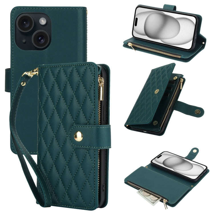 YM016 Rhombic Zipper Card Wallet Leather Phone Case with Lanyard, For iPhone 15, For iPhone 14 Pl...