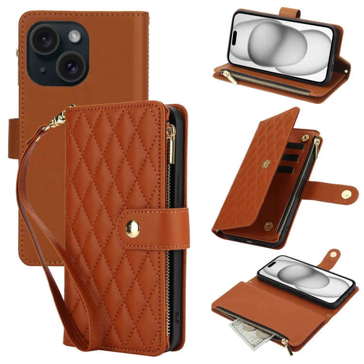 YM016 Rhombic Zipper Card Wallet Leather Phone Case with Lanyard, For iPhone 15, For iPhone 14 Pl...