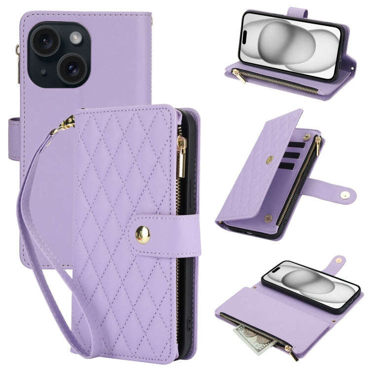 YM016 Rhombic Zipper Card Wallet Leather Phone Case with Lanyard, For iPhone 15, For iPhone 14 Pl...