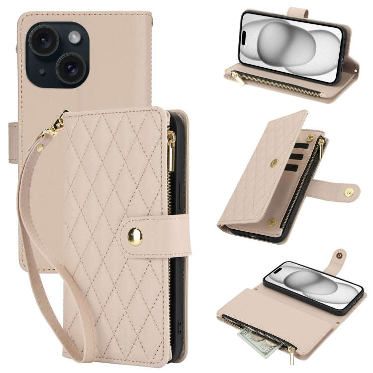 YM016 Rhombic Zipper Card Wallet Leather Phone Case with Lanyard, For iPhone 15, For iPhone 14 Pl...