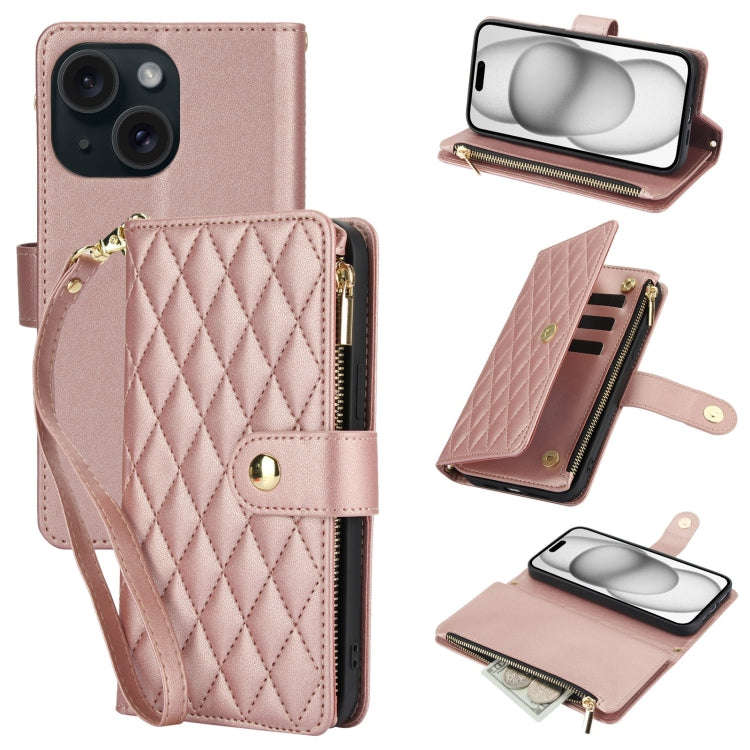 YM016 Rhombic Zipper Card Wallet Leather Phone Case with Lanyard, For iPhone 15, For iPhone 14 Pl...