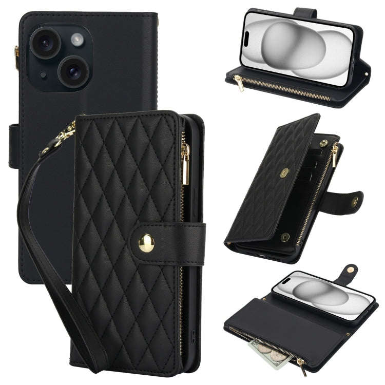 YM016 Rhombic Zipper Card Wallet Leather Phone Case with Lanyard, For iPhone 15, For iPhone 14 Pl...