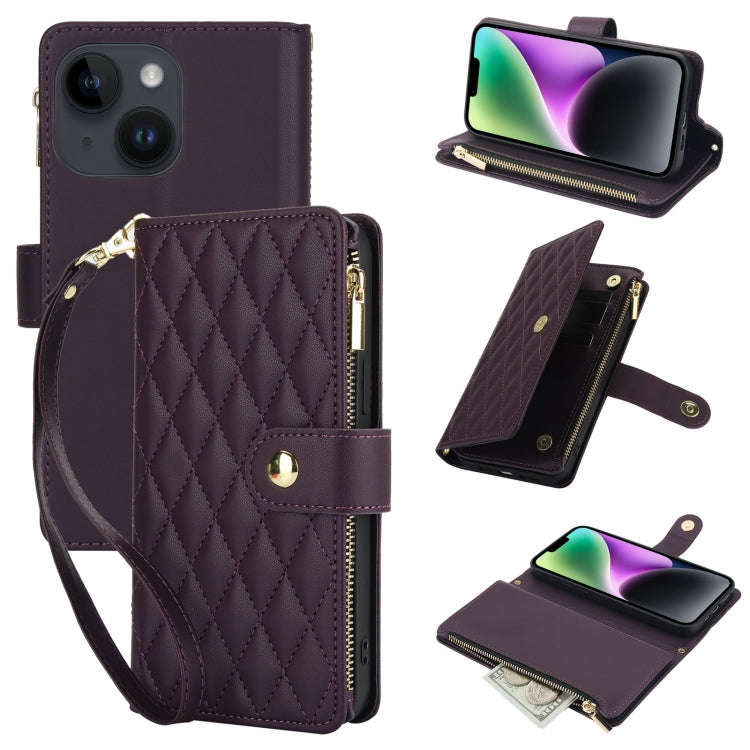 YM016 Rhombic Zipper Card Wallet Leather Phone Case with Lanyard, For iPhone 15, For iPhone 14 Pl...