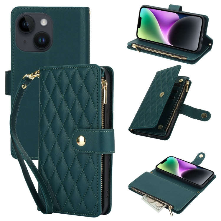 YM016 Rhombic Zipper Card Wallet Leather Phone Case with Lanyard, For iPhone 15, For iPhone 14 Pl...
