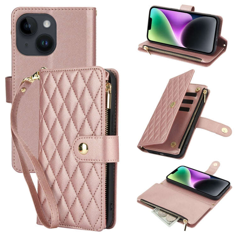 YM016 Rhombic Zipper Card Wallet Leather Phone Case with Lanyard, For iPhone 15, For iPhone 14 Pl...