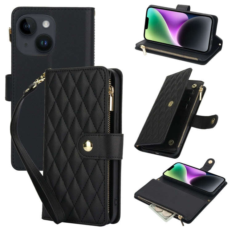 YM016 Rhombic Zipper Card Wallet Leather Phone Case with Lanyard, For iPhone 15, For iPhone 14 Pl...