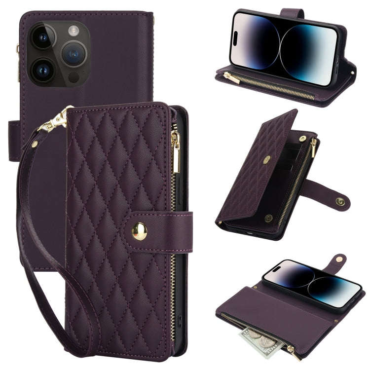 YM016 Rhombic Zipper Card Wallet Leather Phone Case with Lanyard, For iPhone 15, For iPhone 14 Pl...