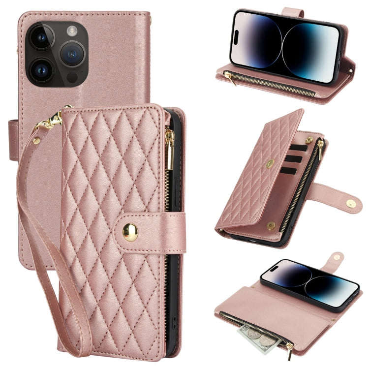 YM016 Rhombic Zipper Card Wallet Leather Phone Case with Lanyard, For iPhone 15, For iPhone 14 Pl...
