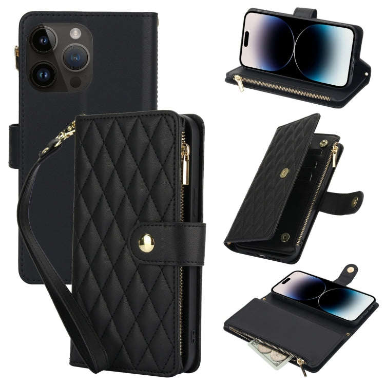 YM016 Rhombic Zipper Card Wallet Leather Phone Case with Lanyard, For iPhone 15, For iPhone 14 Pl...
