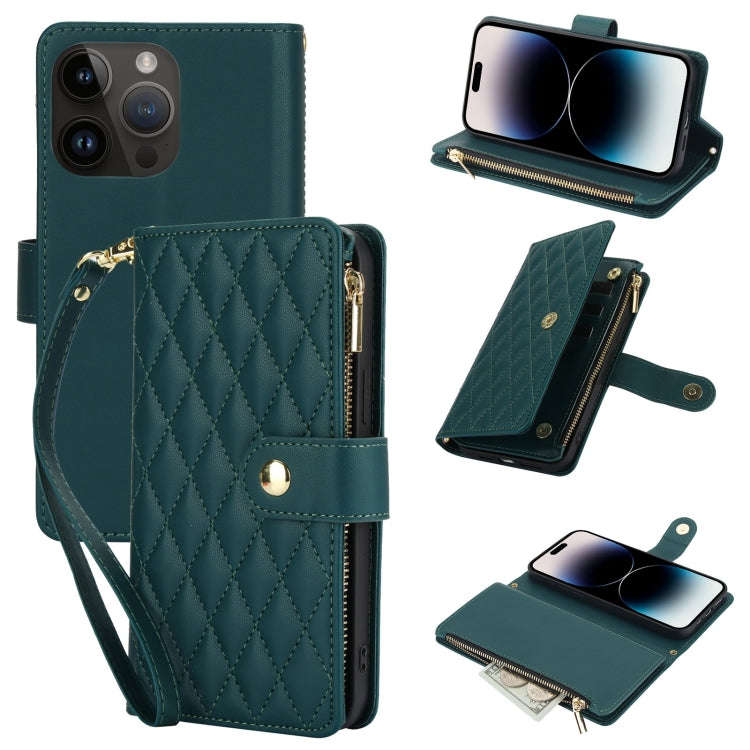 YM016 Rhombic Zipper Card Wallet Leather Phone Case with Lanyard, For iPhone 15, For iPhone 14 Pl...