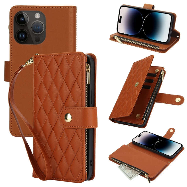 YM016 Rhombic Zipper Card Wallet Leather Phone Case with Lanyard, For iPhone 15, For iPhone 14 Pl...
