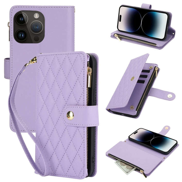 YM016 Rhombic Zipper Card Wallet Leather Phone Case with Lanyard, For iPhone 15, For iPhone 14 Pl...