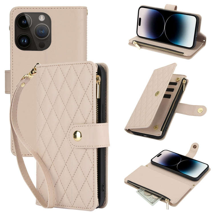 YM016 Rhombic Zipper Card Wallet Leather Phone Case with Lanyard, For iPhone 15, For iPhone 14 Pl...