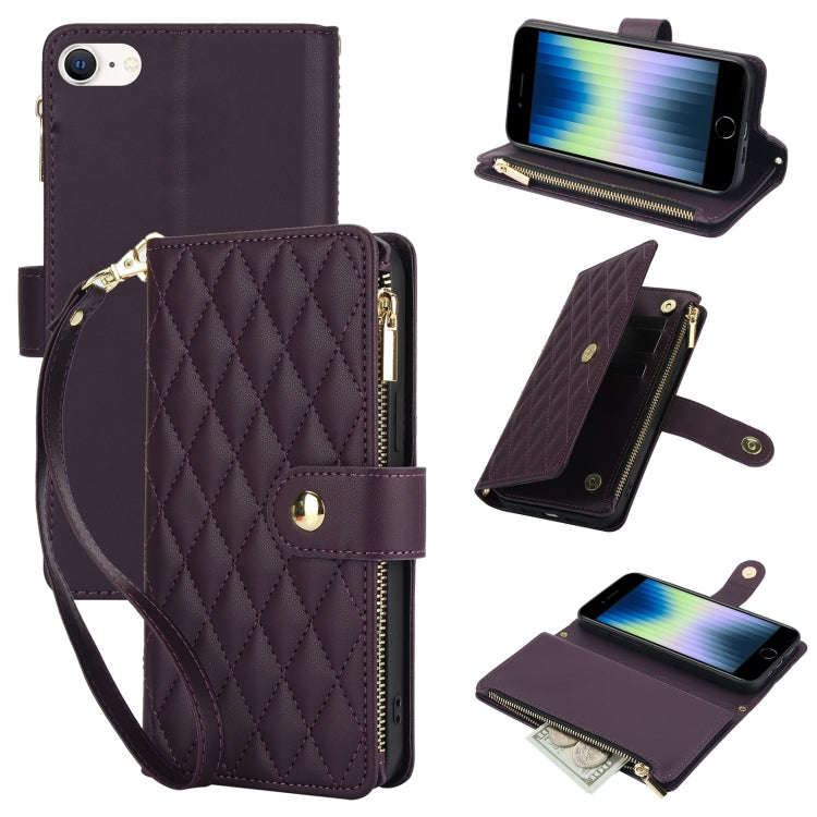 YM016 Rhombic Zipper Card Wallet Leather Phone Case with Lanyard, For iPhone 15, For iPhone 14 Pl...