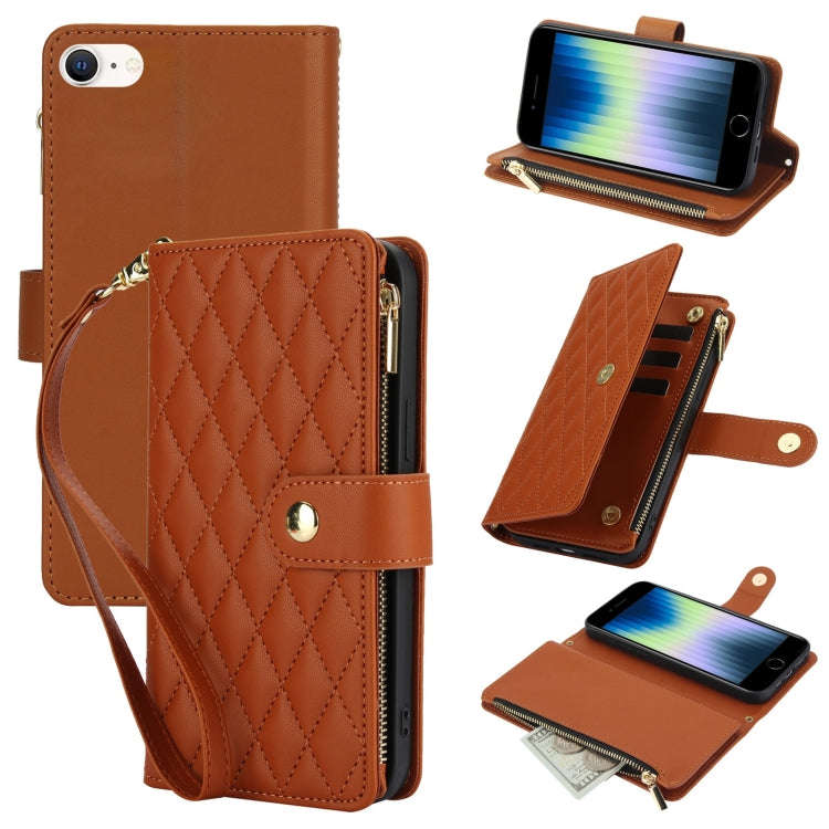 YM016 Rhombic Zipper Card Wallet Leather Phone Case with Lanyard, For iPhone 15, For iPhone 14 Pl...